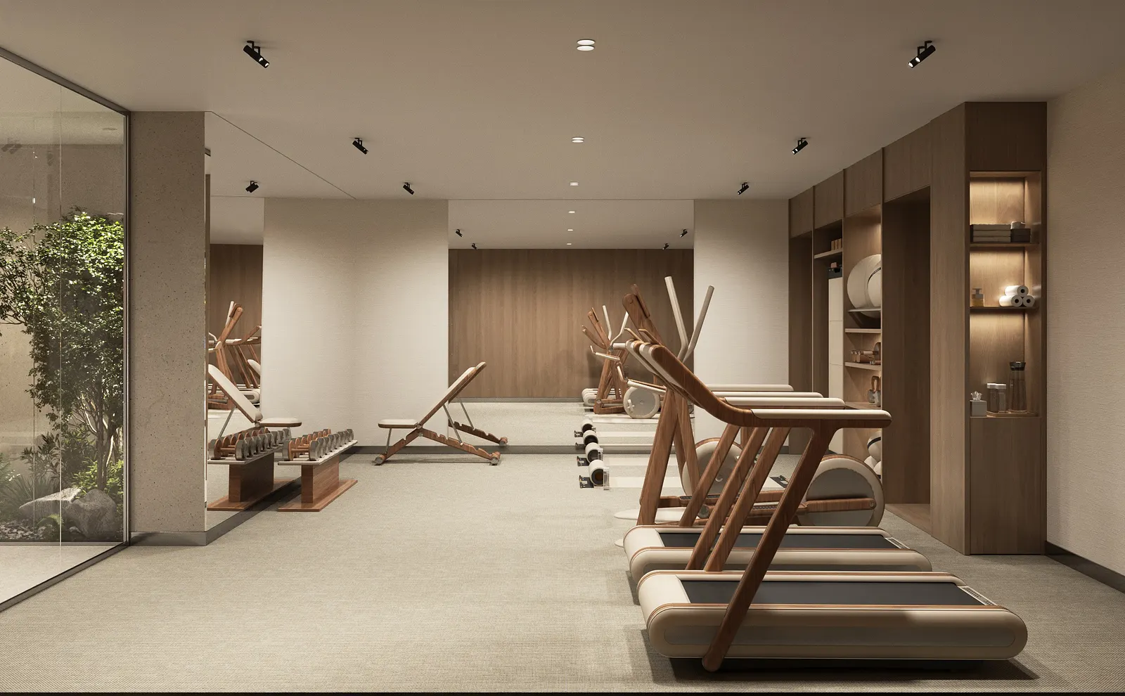 Residents' gym with wooden training equipment and indoor greenery