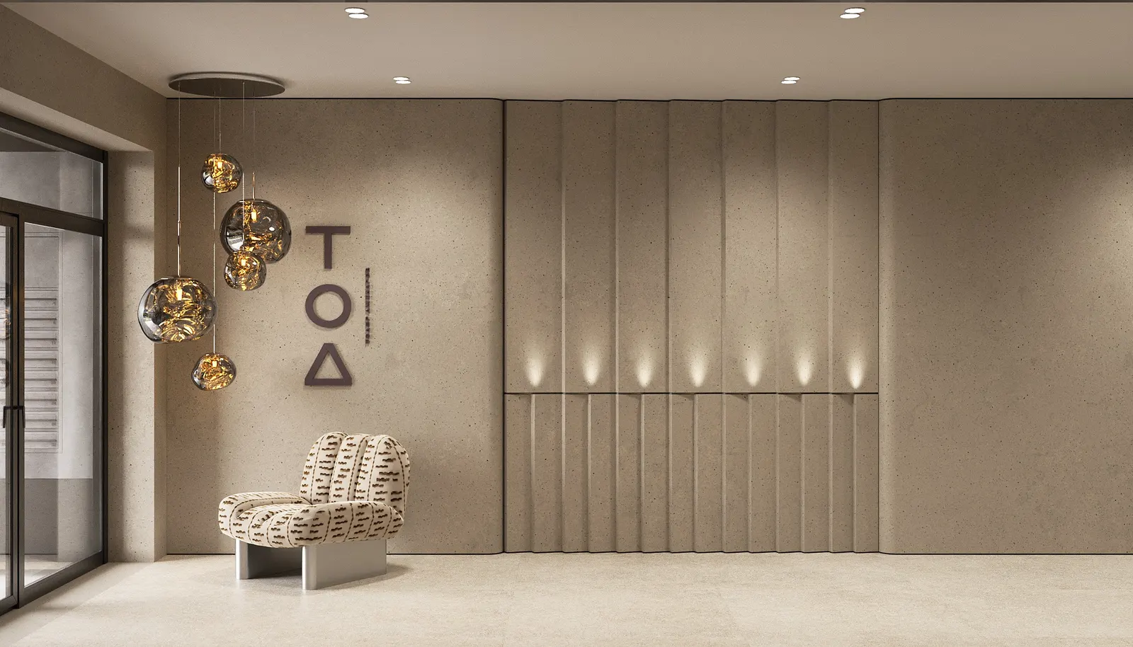TOD lobby with branded wall and designer seating