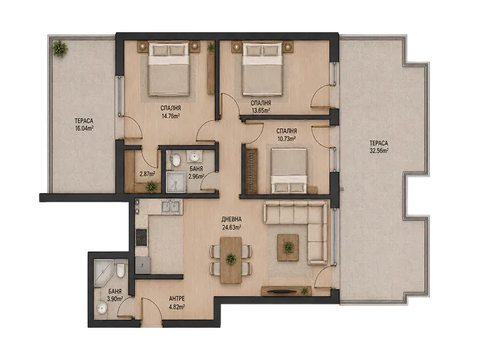 Floor plan of a 4 bedroom apartment