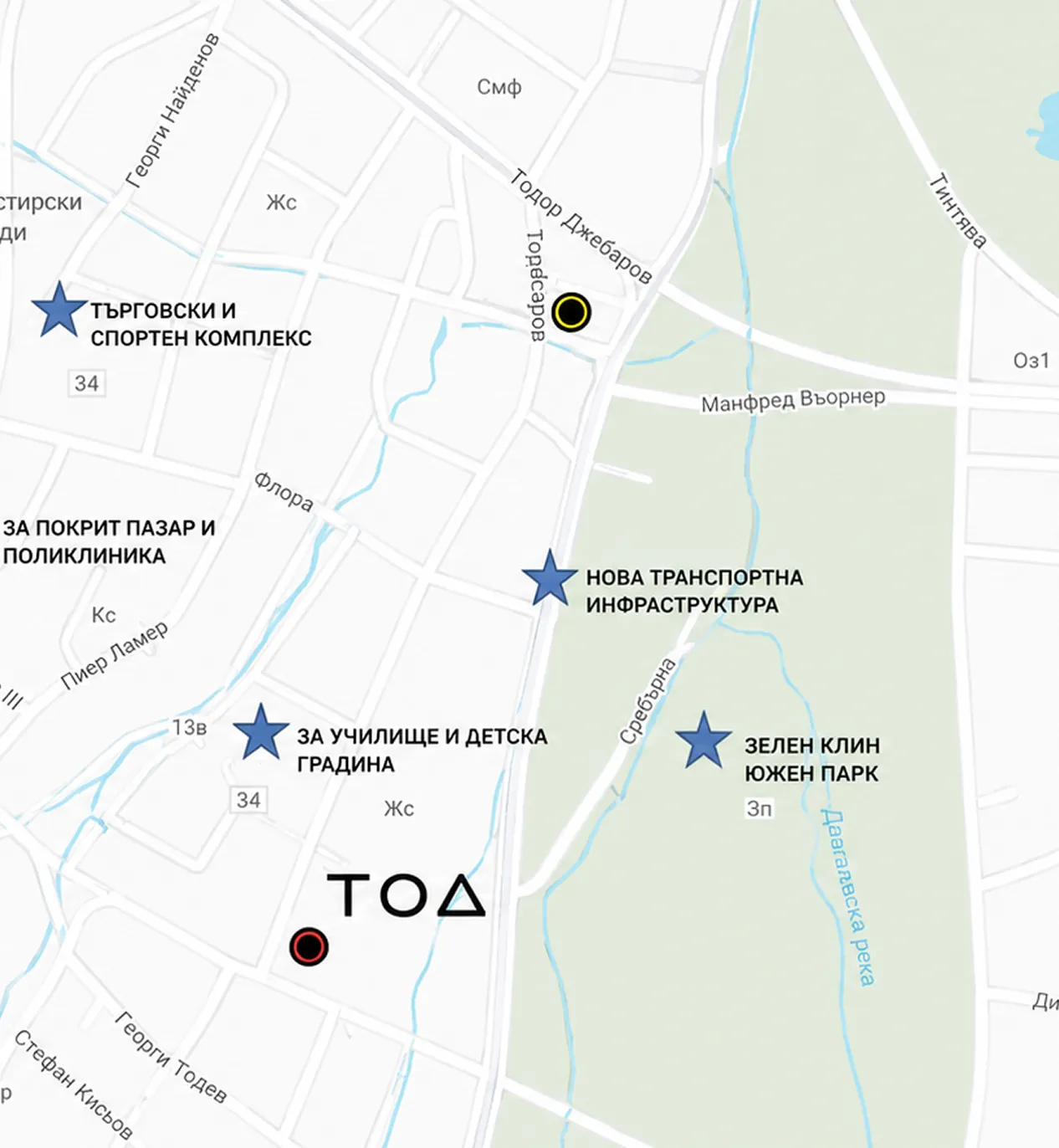Map with locations around the TOD building